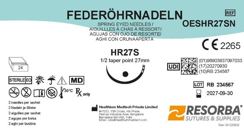 Голки хірургічні діаметром 1 мм, колючі окружність 1/2, довжиною 27 мм